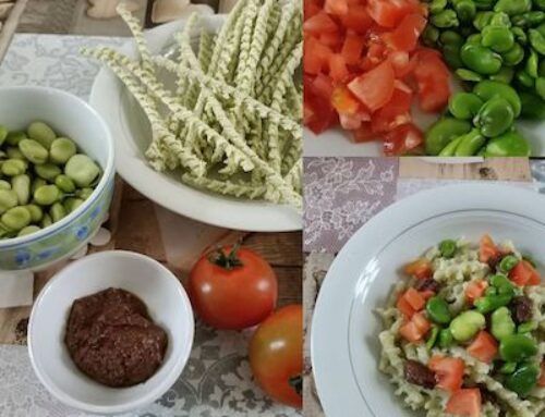 Busiate al pistacchio con fave, pesto di pistacchi e pomodorini di Sardegna
