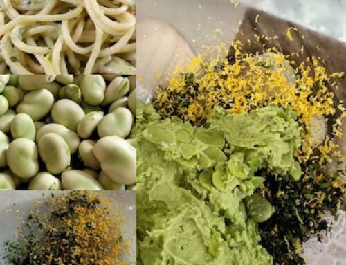 Spaghetti con pesto di fave, limone e menta